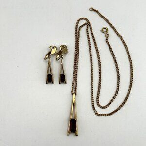 Vintage Avon Garnet Red Glass Necklace & Clip On Earring Set Modernist Set